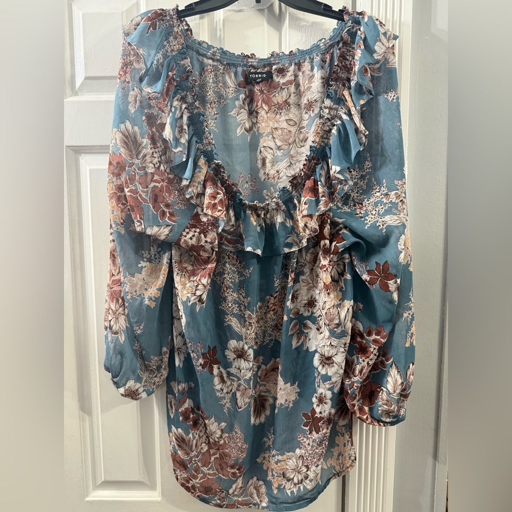 Torrid Chiffon Blue Rust Floral Blouse 2X